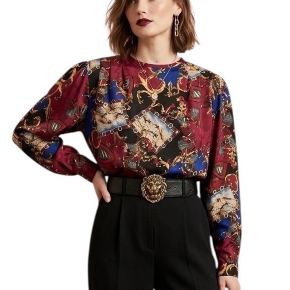 Nicola‎ Vintage Heraldic Scarf Print Blouse Burgundy Blue Equestrian Top Size 10